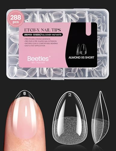 Beetles Extra Short Almond Nail Tips, 12 Sizes 288 PCS Pre-Shaped