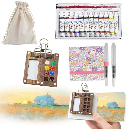 7 PCS Pocket Artist Watercolour Travel Set - 8 Grids Travel Watercolour Paint Set Portable, Mini Watercolour Paint Set Travel, Painting Set with Foldable Wooden Palette, Sketchbook, Brush, Paint (Pink