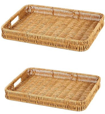 2 Pack Rectangle Rattan Serving Trays with Handles, Decorative Woven Wicker Organizer Baskets Storage Tray for Coffee Table, Bread, Fruit, Snacks