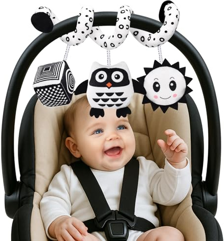 Mexgcom Colgantes para Cochecitos, Espiral Actividades Juguetes Colgantes, Juguetes de Peluche en Espiral para Bebé con Mordedor y Sonajero, Suave Peluches para Bebes (Búhos)