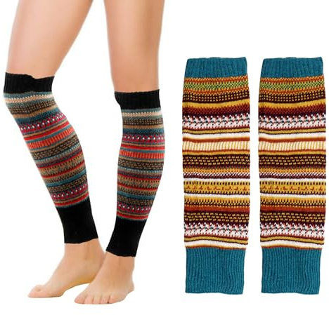 VEGCOO 2 Pairs Women Leg Warmers, Ladies’ Knitted Leg Warmers, Bohemian Winter Knee Warmers, Wool Knee High Boot Cuffs Socks for Women Girls (Black+Blue, one size)