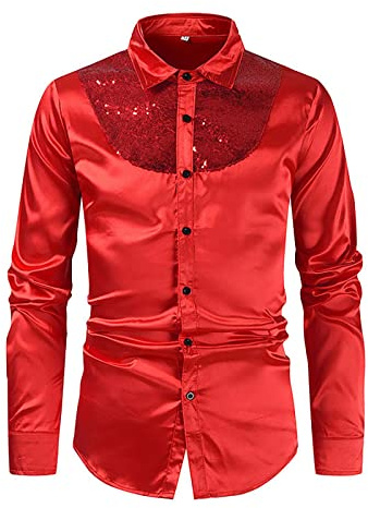 Camisa brillante para hombre, corte ajustado, manga larga, con solapa, camiseta de lentejuelas para carnaval, ocio, negocios, para fiestas, discotecas, clubwear, monocolor, O rojo., M