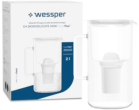 Wessper Caraffa filtrante in Vetro con Cartucce Filtranti per acqua potabile da 2 l, Brocca in Vetro con contatore Filtro Intelligente, Kit Comprendente 1 Filtro a Carbone Attivo- Bianco