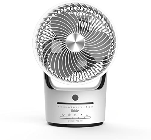 Fakir prestige TVC 360 – Leiser Designer-Tischventilator mit Fernbedienung I Ventilator mit Timer, vertikaler 90° Oszillation, 3 Geschwindigkeitsstufen & 360-Grad-Belüftung I Weiß/Schwarz I 45 Watt