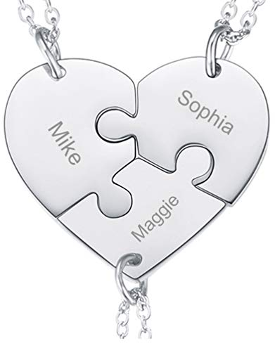 PROSTEEL 3-Teilig Collier für Familien Freundinnen personalisiert Puzzle Herz Anhänger mit 46+5cm Rolokette Edelstahl Freundschaftsketten für Geburtstag Weihnachten Gedenktag