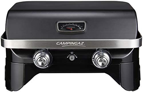 Campingaz 2100 LX Attitude 2100 LX Gas Grill, Portable Table Top Grill, 2 Steel Burners, 5 kW Power, Camping Gas Barbecue with Lid, Thermometer, Grill Grid and Plancha, Black 65 x 69 x 73cm