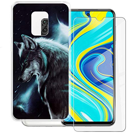 HHUAN Funda + Cristal Templado para Xiaomi Redmi Note 9S (6.67) HD Protector Pantalla, Transparente Cover Suave Silicone Caso Bumper TPU Case Carcasa - Lobo Solitario