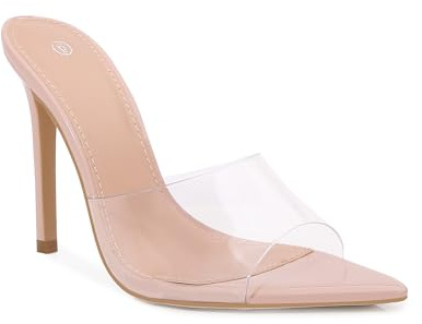 Shion ShaaYii Women Clear Pointed Toe Sandals Stiletto Heels Transparent Strap High Heels Slip on Mules for Women (Nude, Adult, Women, 9, Numeric, US Footwear Size System, Medium)