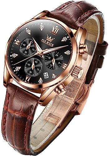 OLEVS Watches for Women Diamond Brown Leather Strap Chronograph Analog Women's Watches Waterproof Luminous Female Wrist Watch Black