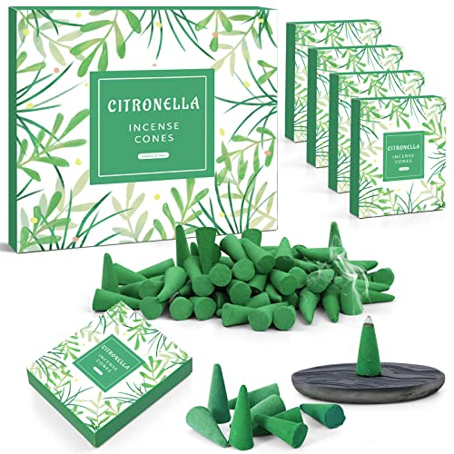 Scent-Hi Conos de Incienso Citronela - 120 Unidades en 8 Cajas para Uso Interior Y Exterior - Incluye Plato de Cerámica - Ideal para Jardín, Camping