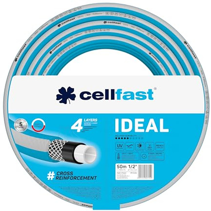 Cellfast IDEAL Tuyau D'arrosage, Durable, Flexible, 4 Couches, Durable Tresse Croix, Résistant aux UV et aux algues, Technologie REACH, 27 Bar, -20/+60°С Temp. 1/2, 50m