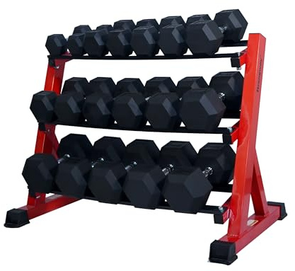 Strongway® Hex Dumbbells Set with Weights Storage Rack Stand 5KG-25KG Rubber Coated Cast Iron Weights - Gym Training Weight Lifting Exercise