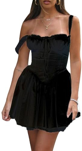 Achlibe Robe corset à manches longues et col carré pour femme - Mini robe courte Renaissance - Costume de fée d'Halloween, c-noir, L