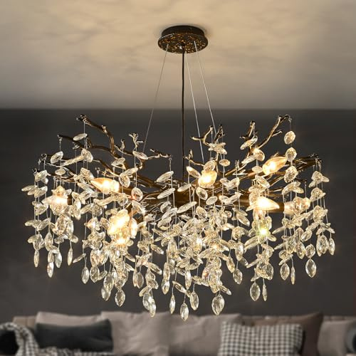 EGM Tree Branch Crystal Chandelier, 32 Inch Living Room Black Crystal Chandelier 10-Light(E12), Hanging Branch Chandeliers for Dining Room Bedroom Foyer
