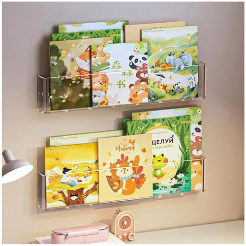 SINBINTA Estantería de pared acrílica para niños, estantería transparente para niños, unidad de almacenamiento de libros, soporte flotante autoadhesivo simple para libros, revistas y discos de vinilo