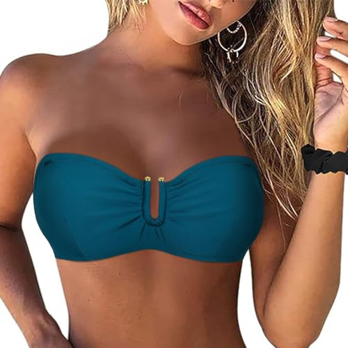 Firpearl Women Underwire Bikini Top Only Strapless Bathing Suit Top Push Up Bandeau Swimsuit, Blue Coral, 14