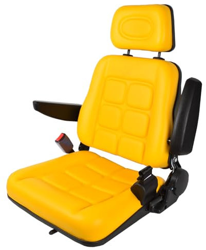 Sedile universale per carrello elevatore con schienale regolabile, sedile per trattore in PVC con cintura di sicurezza auto-rimbalzante, sedile giallo per tosaerba con poggiatesta bracciolo per