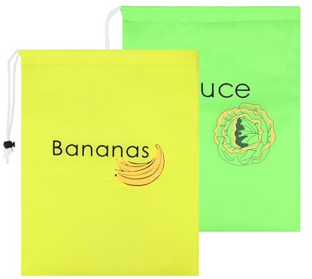 Bekecidi Gelber Bananenbeutel und Grüne Salatbeutel, Wiederverwendbare Obst- und Gemüsebeutel, Bananen-Frischhaltebeutel mit Kordelzug, verhindert Geruchsbildung bei Obst und Gemüse, 35 x 27,5 x 1 cm