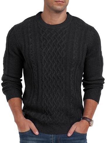 Hisir - Jersey de punto grueso para hombre de invierno de punto grueso de hilo casual de cuello redondo cálido y manga larga jersey de cuello redondo para hombre, B01 Negro., XXL