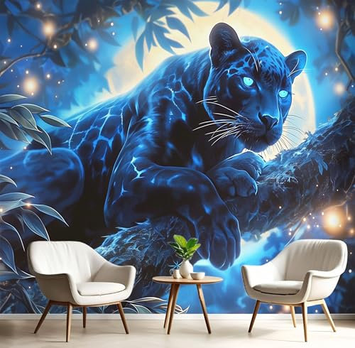 3D Carta Da Parati Panoramica Misterioso Leopardo Nero,250×170cm Fotomurale in TNT Murali Animali Selvatici Per Soggiorno, Adulto Camera Dei Bambini, Ristorante Decorazione Grandi Murali Poster