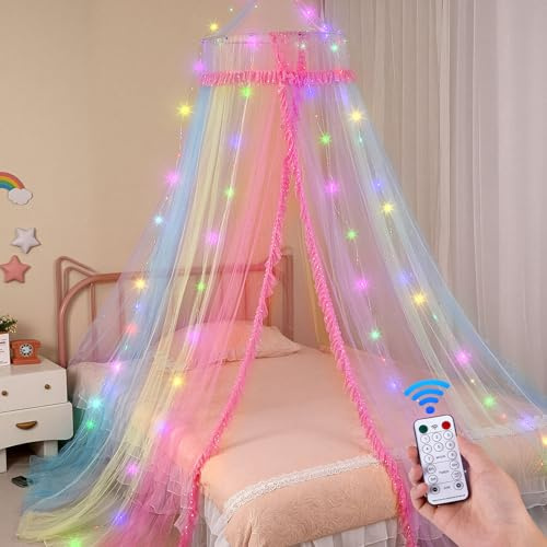 MHJY Toldo de cama para niñas, mosquitera, cortinas de cama para niños con luces LED y control remoto, decoración de habitación de princesa para niños, accesorios de dormitorio