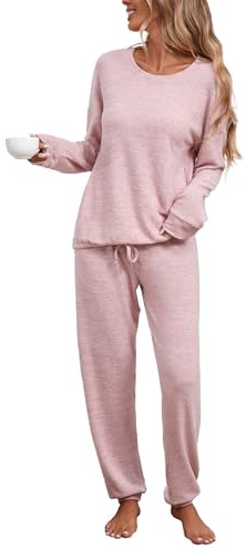 Famulily Women's Cozy Pyjamas Set Long Sleeve with Drawstring Tops Ankle Cuffs Long Pants Ladies Loungewear Sets Pink M