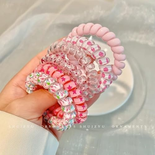 MSLSOZ Pink Spiral Hair Ties Set, 13Pcs Soft Elastic Plastic Phone Cord Hair Bands, Twisted Hair Wire for Ponytails, No Damage Stylish Hair Coils for Women & Girls