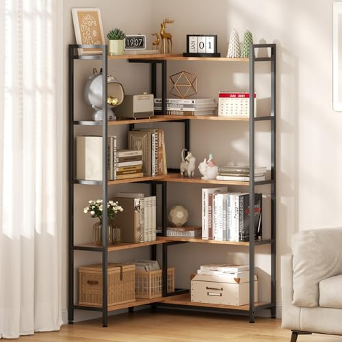 Warmiehomy Bookcase, 5-Tier Corner Shelf, Deformable Wooden Bookshelf, Width 80-146cm Adjustable Display Corner Storage Cabinet for Home Office Living Room Bedroom Study Kitchen, Rustic Brown