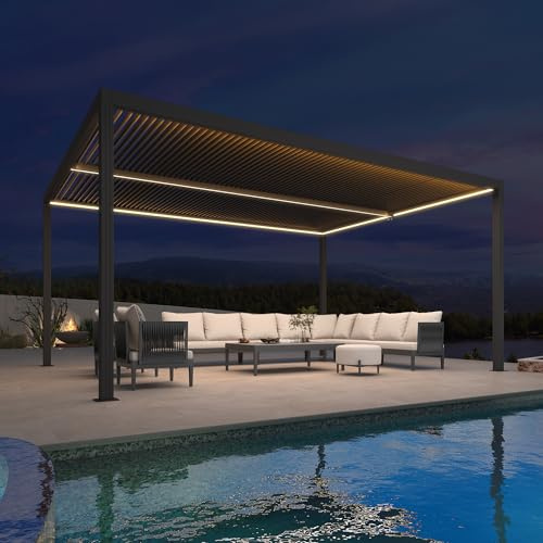 Pergola in alluminio, 4,8 x 3,68 m, con luci a LED, doghe regolabili, impermeabile, baldacchino da giardino per terrazza e posto auto coperto, soluzione ombreggiante per esterni grigio