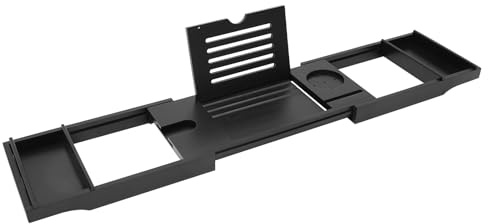 Badkarshylla utdragbar bambu svart, badkarsbräda justerbar längd 75–111 cm, badkarsbricka för de flesta badkar