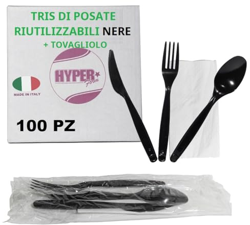 HYPER form Set Posate Riutilizzabili Nere (5gr), Tris Forchetta Coltello Cucchiaio Tovagliolo (100)