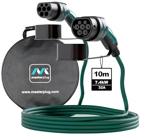 Masterplug Mode 3 EV Fast Charging Cable with Carry Case, Electric and Plug-in Hybrid Vehicle Type 2 to Type 2 Charging Cable, Single Phase 10 Meter Cable, 7.4kW, 32A, EVC223210SL-CASE