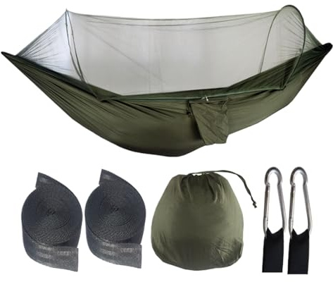 Camping Hammock With Net - Waterproof Pop-Up Sleeping Bed, Portable Rest Gear, Automatic Unfolding Outdoor Bedding | Durable Fly Protection Hammock for Backyard Hiking Park Travel Adventure