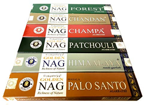 Golden Nag Champa Lot de 6 bâtons d'encens (6) expédiés exclusivement de boîtes Emporia - Nag Champa, Palo Santo, bois de santal, patchouli, Himalaya, forêt (mélange A)