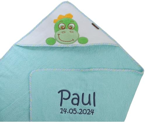 ★ Kapuzentuch mit Namen Bestickt ★ Handtuch MIT Kapuze ★ 100x100 cm ★ Geschenk ★ (Türkis-Dino)