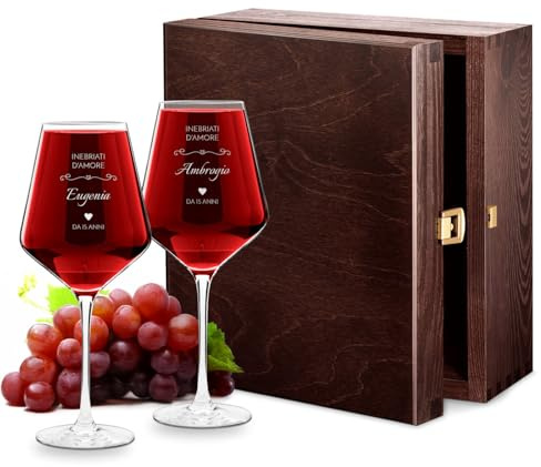 Maverton Calici vino con incisione personalizzata 490ml - Set 2 pezzi in vetro per vino bianco - Ideale per vino rosso - Regalo anniversario matrimonio coppia - Regalo fidanzato - Inebriati d’amore