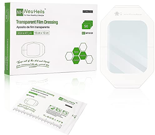 NeuHeils Transparent Film Dressing 4 x 4 3/4 50 Packs, Large Waterproof Wound Cover Bandage, Post Surgical Shower or IV Shield, Tattoo Aftercare Bandage, Adhesive Patch