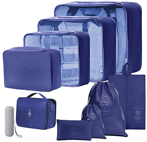 Toifucos 10pcs/Set Travel Packing Cubes, Luggage Organizers, Waterproof Compression Suitcase Bags (Navy Blue), S (S16120-4)