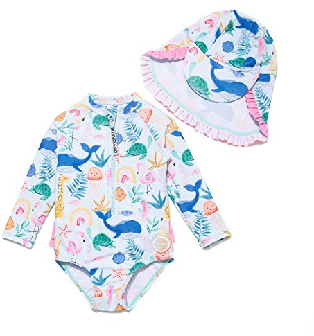 BONVERANO Traje de baño de una Pieza para niña, Mangas largas, protección UV 50+ con Gorra(Blanco-Océano,9-12meses…