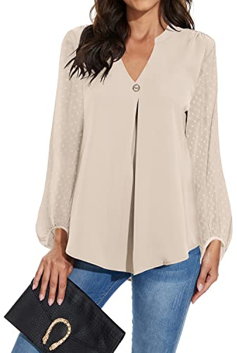 Magritta Women Tunic Tops Long Sleeve Tunics Shirts V Neck Plain Blouse Chiffon Casual Baggy T-Shirt Blouse Apricot Large / 16-18