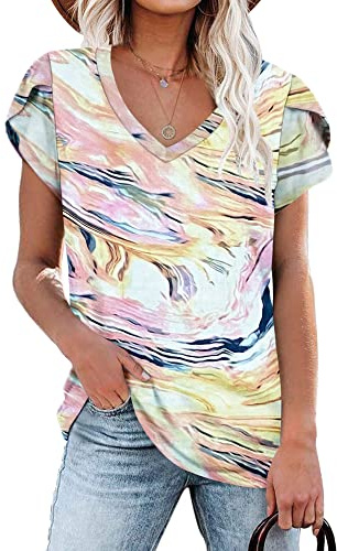 PLOKNRD T-Shirt D'été Femme Col V Manches Courtes Pétales Tops Classique | Élégant Décontracté Hauts de Sport Base Quotidien Casual Vacances à la Plage