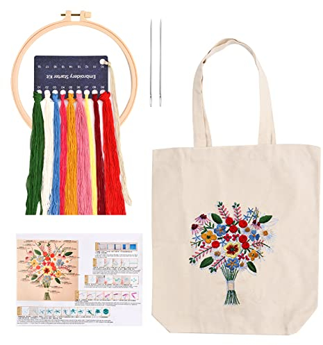 Anseom Canvas Tote Bag Stickset für Anfänger, Anfänger Stickerei Set, Kunst und DIY Bastelsets für Erwachsene, inklusive Sticktasche mit Blumenmuster, Bambus Stickrahmen, Farbfden und Werkzeug (weiß)