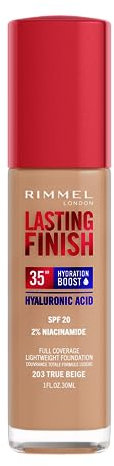 Rimmel London Lasting Finish 35H, 203 True Beige, fondotinta, lunga tenuta, idratante, formula vegana, alta coprenza, 30ml