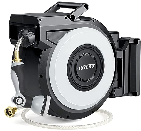 Tuyeho Ausziehbare Gartenschlauchtrommel, 2,4 m, Wandhalterung, robuste Wasserschlauchtrommeln mit automatischem langsamem Rückspulsystem, Outdoor-Schlauchtrommel mit 2 Schlauchtüllen für