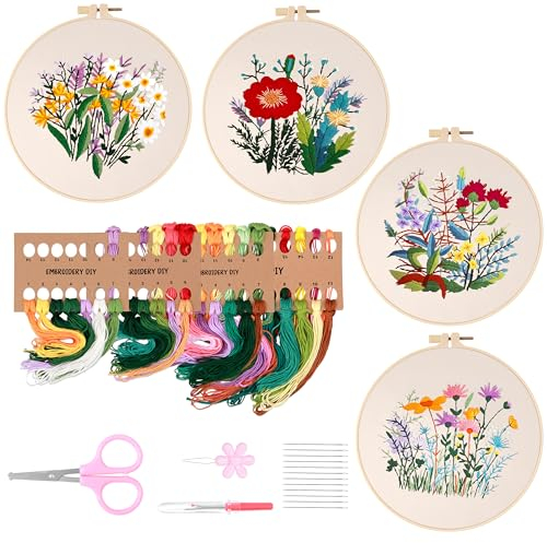 Winter Shore Stickgarn Set mit Blumenmustern - 4 Vorgedruckte Blumenmuster-Sticktücher, 2 x 20 cm Große Rahmen, Garn, 12 Sticknadeln, Nahttrenner, Schere & Einfädler - Sticken Set Erwachsene & Kinder