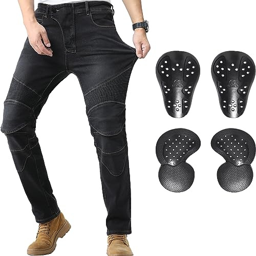 CTBQiTom Pantaloni da Moto da Uomo con Armatura CE Rimovibile, Nero Lavado,XXL=38W/31L