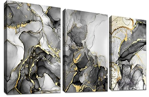 3 Panels Wooden Framed Canvas Wall Art Marble Grey White Gold Painting on Canvas Prints Poster Nordic Minimalist Pictures for Living Room Bedroom Bathroom Hallway Stairs Wall Decor 30x40cm x3pcs