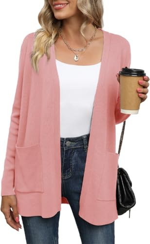 Yommay Cardigan for Women Loose Casual Lightweight Ladies Long Sleeve V-Neck Knitted Sweaters with Pockets,Light Pink,3XL