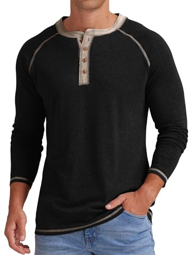 Sailwind Camisa Henley para Hombre Clásica de Algodón Mangas Largas T-Shirt Botón Slim Fit Ocasional para Hombres, Negro , XL