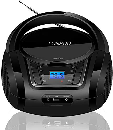 LONPOO Lectore de CD Portátil Boombox Reproductor Bluetooth/Radio FM/USB 2.0 / AUX-IN/Salida de Auriculares/Estéreo Altavoz /5 EQ (Negro 3)